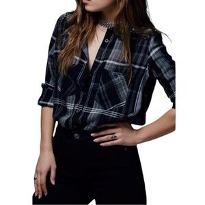 Free People Wesley Plaid Black Taupe Linen Blend Button Down Shirt Sz M …